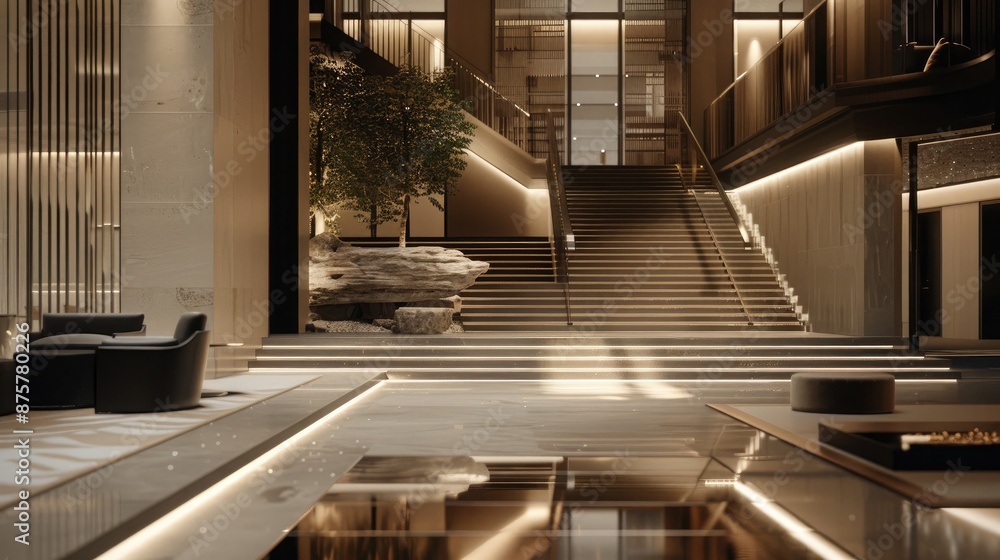 Fototapeta premium Architectural details of a luxury hotel lobby, with a grand staircase and minimalist decor emphasizing natural materials and soft lighting.