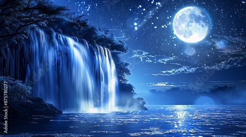 Cascading waterfall illuminated by moonlight a natural spectacle admired during The Moon Festival for its beauty and tranquility Stock Photo with copy space