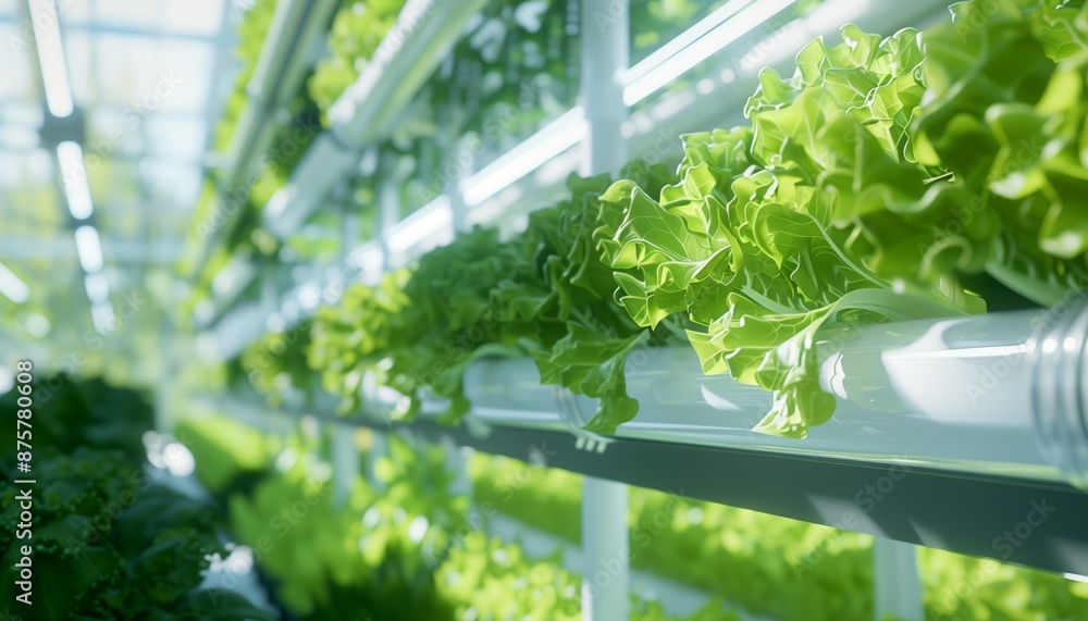 The vertical farm is hung from white pipes on high shelves The vertical farm is hung from white pipes on high shelves
