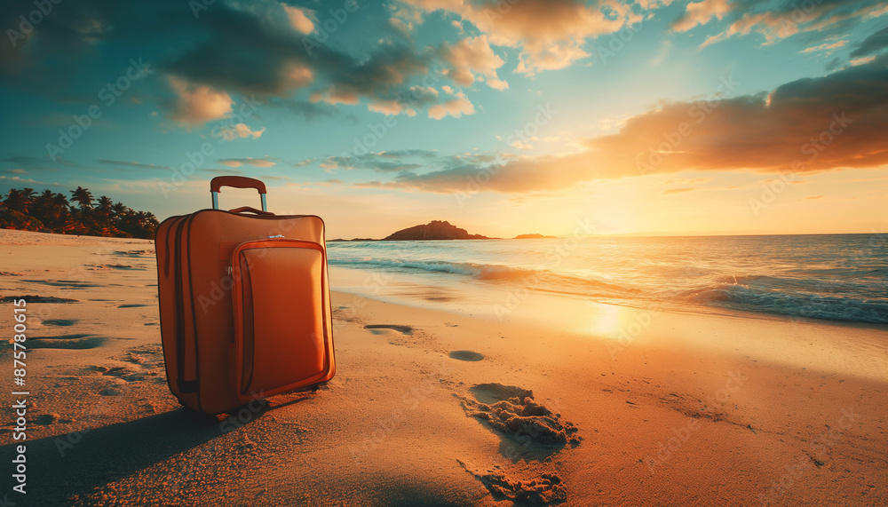 A single suitcase on a sandy beach at sunset, representing travel and adventure A single suitcase on a sandy beach at sunset, representing travel and adventure