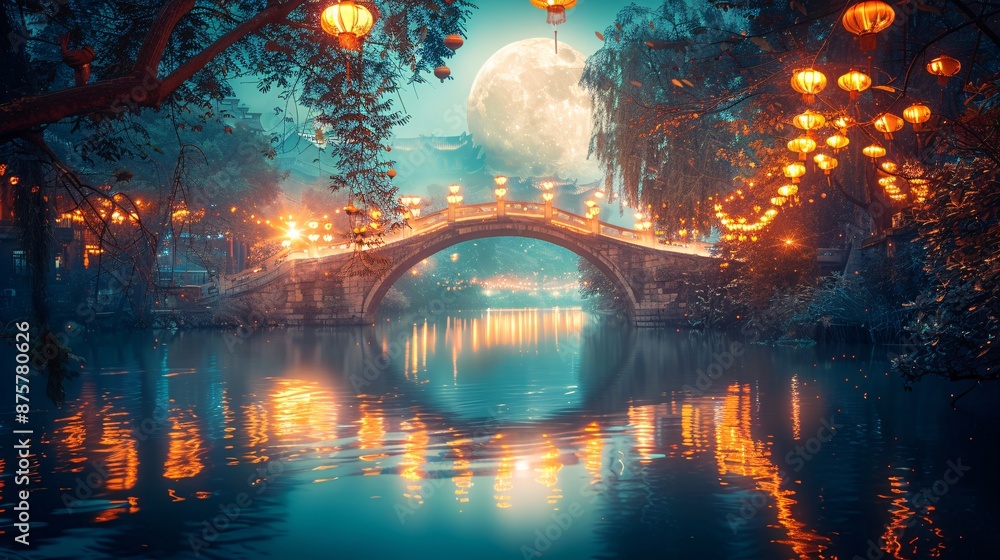 Ancient stone bridge spanning a moonlit river adorned with lanterns during The Moon Festival symbolizing connectivity and tradition Stock Photo with copy space Ancient stone bridge spanning a moonlit river adorned with lanterns during The Moon Festival symbolizing connectivity and tradition Stock Photo with copy space