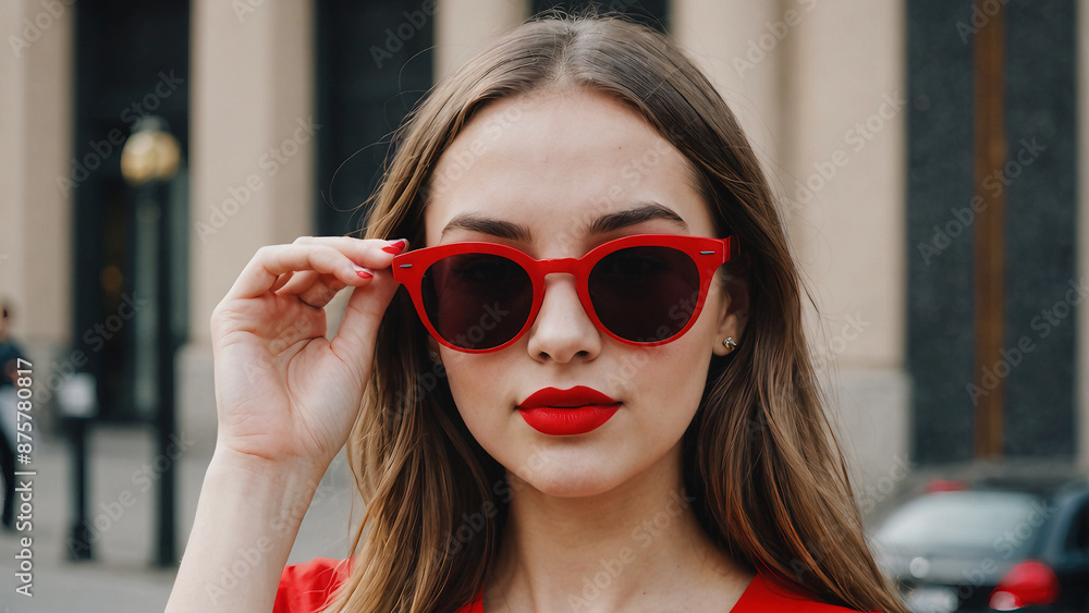 a sophisticated woman with thick sunglasses and red lipstick a sophisticated woman with thick sunglasses and red lipstick