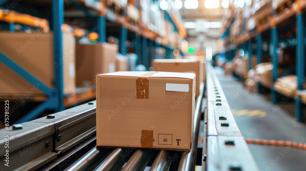 Packages Moving on Conveyor Belt in a Fast-Paced Warehouse Packages Moving on Conveyor Belt in a Fast-Paced Warehouse