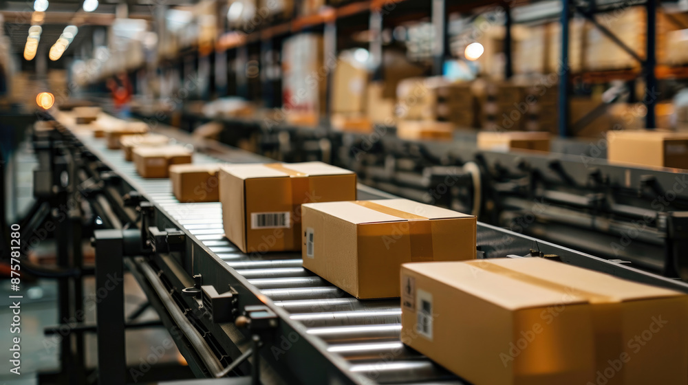 Packages Moving on Conveyor Belt in a Fast-Paced Warehouse Packages Moving on Conveyor Belt in a Fast-Paced Warehouse