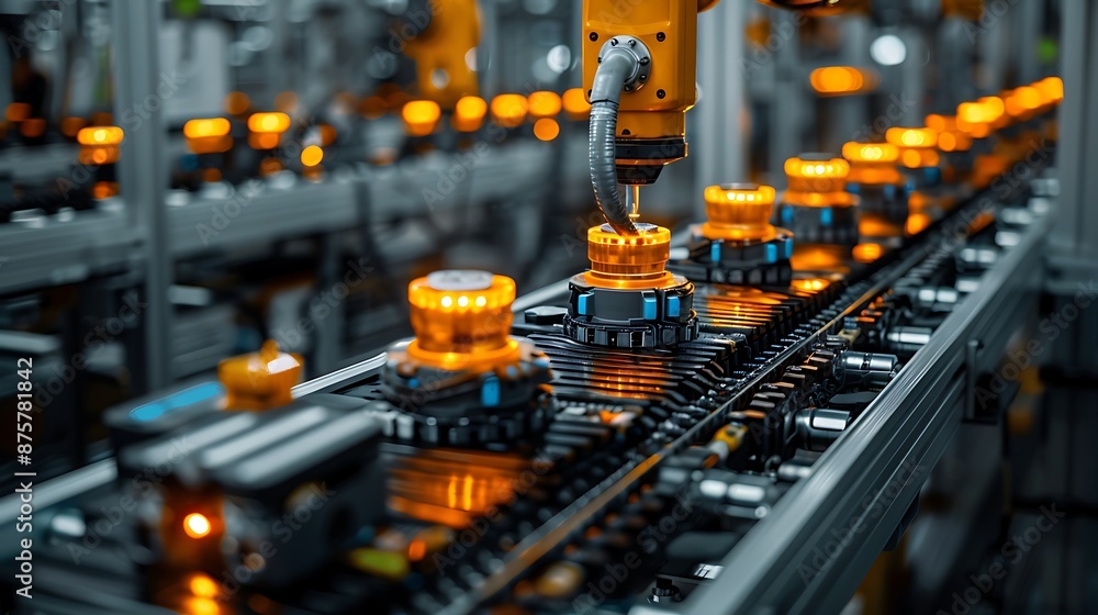 Mass production assembly line of electric vehicle battery cells close-up view Mass production assembly line of electric vehicle battery cells close-up view