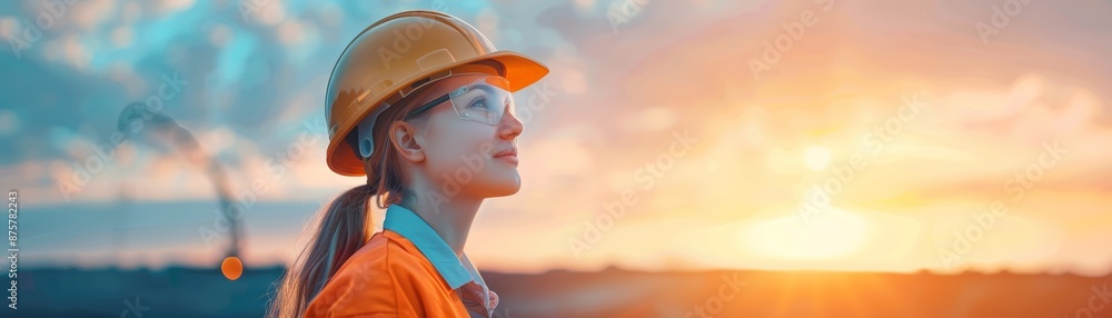 A female construction worker in a hard hat looks towards the sunset. A female construction worker in a hard hat looks towards the sunset.