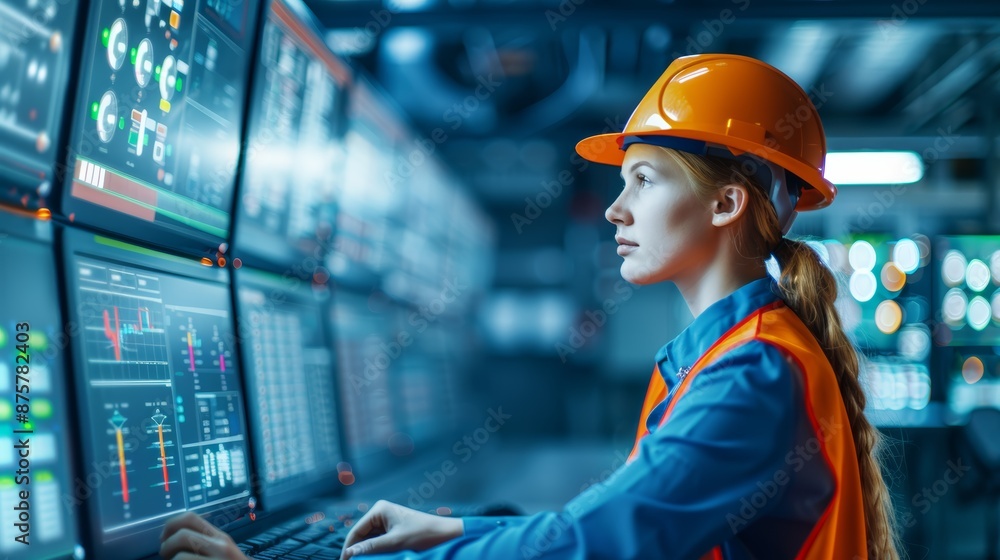 A female engineer in a hard hat monitors a control panel with multiple screens.  She is focused and alert, working in a high-tech environment.