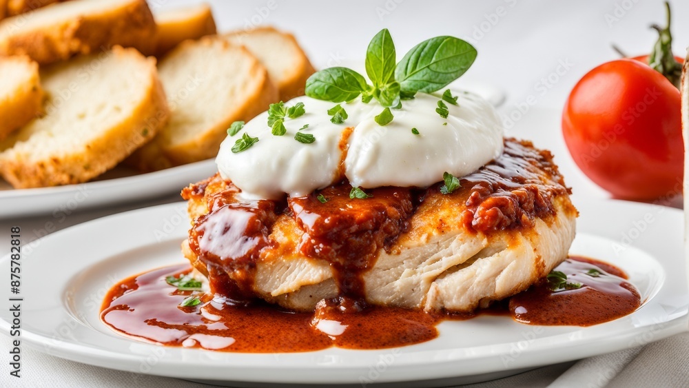 Chicken with parmesan, decorated with juicy sauce and cheese, shows a juicy, juicy filling on a snow-white background. Chicken with parmesan, decorated with juicy sauce and cheese, shows a juicy, juicy filling on a snow-white background.