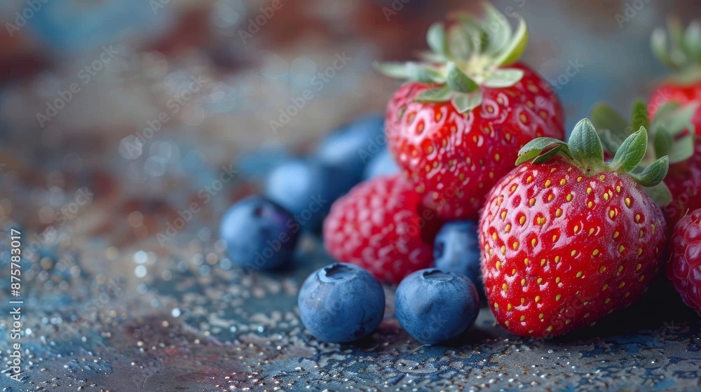 Close-up of fresh strawberries and blueberries on a rustic table Close-up of fresh strawberries and blueberries on a rustic table