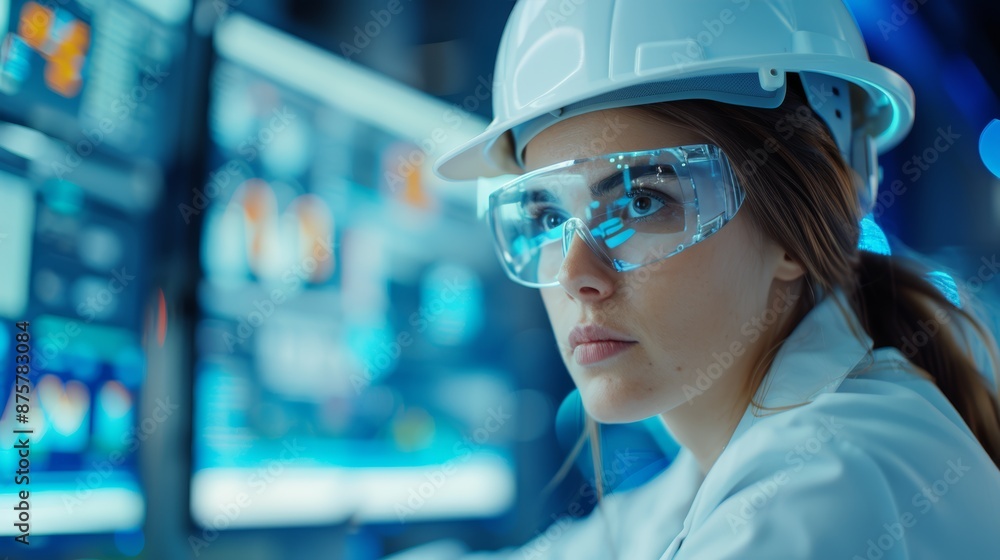 A female engineer in a white lab coat and hard hat looks intently at a computer screen. She is working on a project in a laboratory setting. A female engineer in a white lab coat and hard hat looks intently at a computer screen. She is working on a project in a laboratory setting.