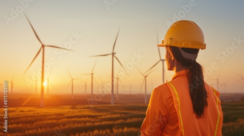 A female engineer in a hardhat stands in front of a field of wind turbines at sunset.