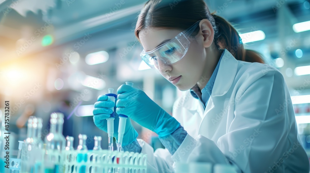 A female scientist in a lab coat and safety glasses carefully pipettes liquid into a test tube, surrounded by beakers and other scientific equipment. A female scientist in a lab coat and safety glasses carefully pipettes liquid into a test tube, surrounded by beakers and other scientific equipment.