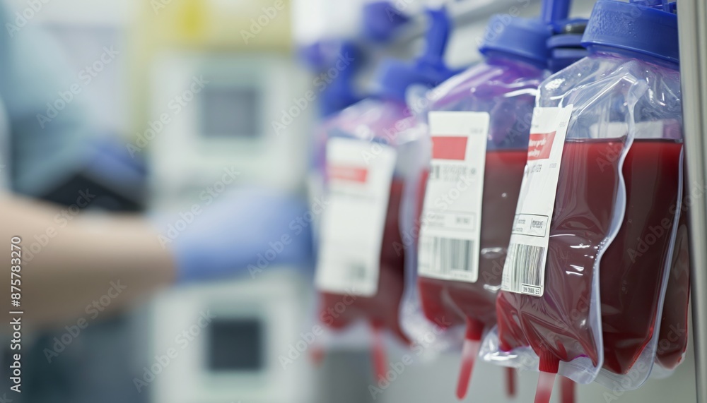 close-up of a blood donation bag already filled with blood and the connected tube close-up of a blood donation bag already filled with blood and the connected tube