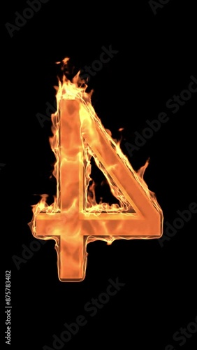 Burning number Four symbol rotating on a transparent alpha channel in a seamless loop for easy drag and drop use...