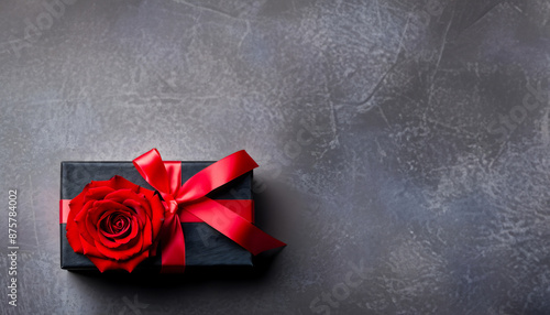 Bouquet of red rose stalks with gift box, copy space text on a dark abstract background for Valentine's or expression of love