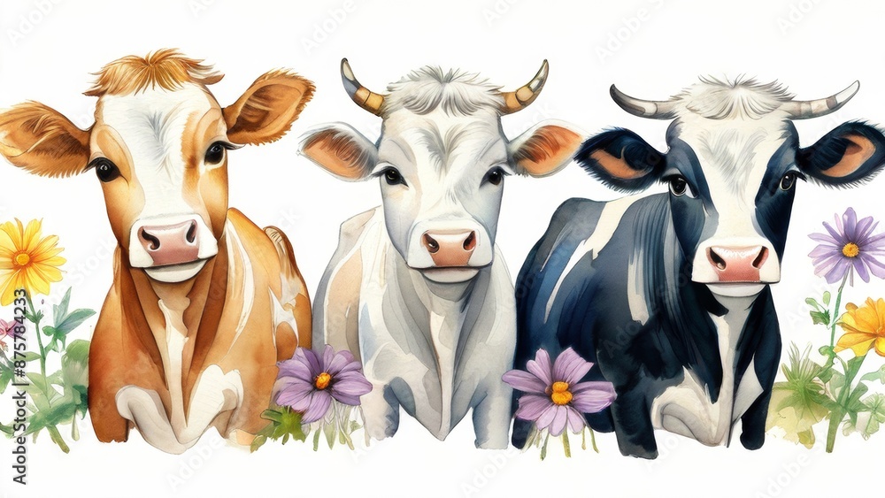 An image of cows with flowers on a white background. An image of cows with flowers on a white background.