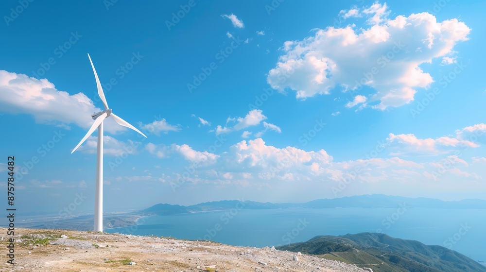 A single wind turbine stands tall against a backdrop of blue sky and white clouds, overlooking a vast expanse of water. A single wind turbine stands tall against a backdrop of blue sky and white clouds, overlooking a vast expanse of water.