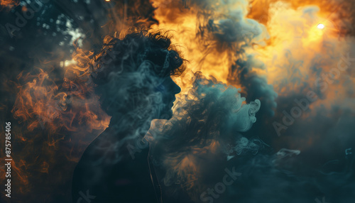  Man's profile blending into a cloud of colorful smoke, creating a surreal and artistic effect.