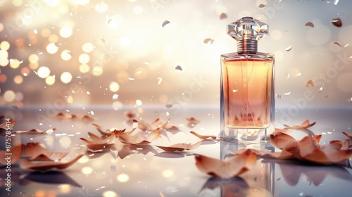 Elegant mockup of a luxury perfume bottle with minimalist detailing, set against a reflective backdrop under soft, flattering lighting, with decorative petals photo