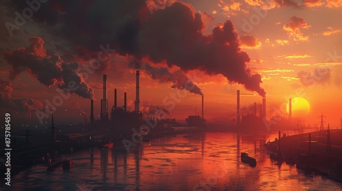 Sunset over an Industrial Cityscape with River and Ships