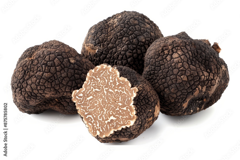 whole black truffles with a few several thin slices arranged around it isolated on a white background. whole black truffles with a few several thin slices arranged around it isolated on a white background.