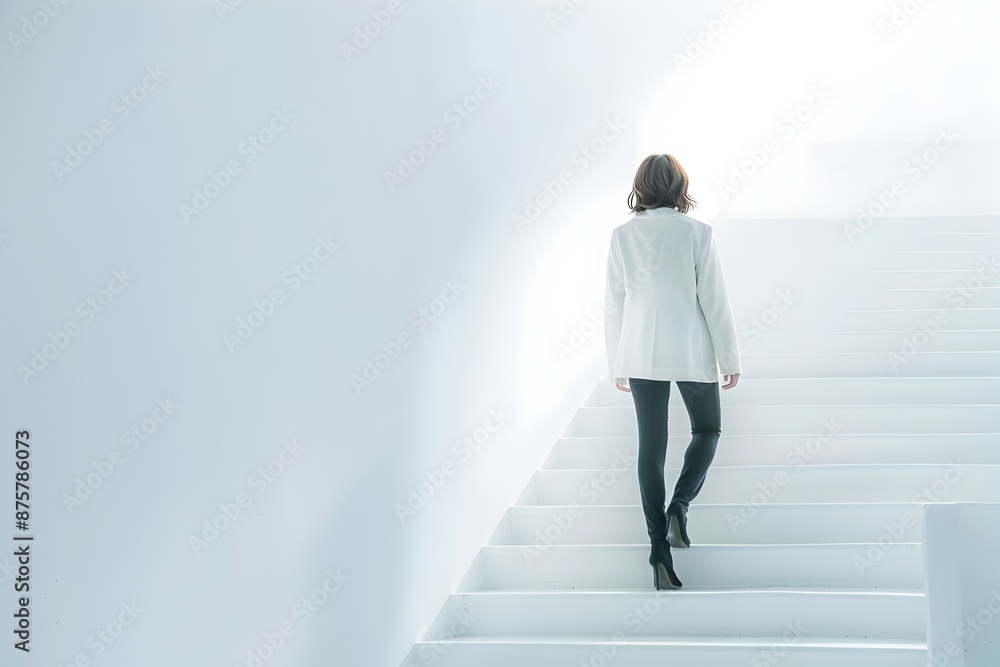 A businesswoman is climbing the steps of success on an abstract white background. The concept symbolizes growth, achievement and progress in professional life. photo shoot, shot with sony alpha A7 III A businesswoman is climbing the steps of success on an abstract white background. The concept symbolizes growth, achievement and progress in professional life. photo shoot, shot with sony alpha A7 III