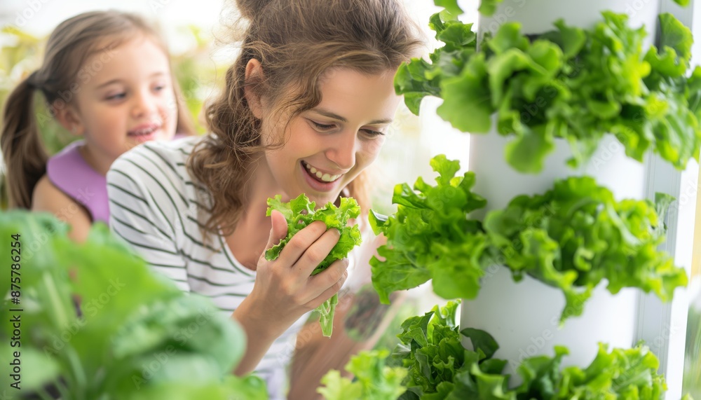Obraz premium A family harvests fresh vegetables from a vertical aeroponic plant made from white PVC pipe poles in their home