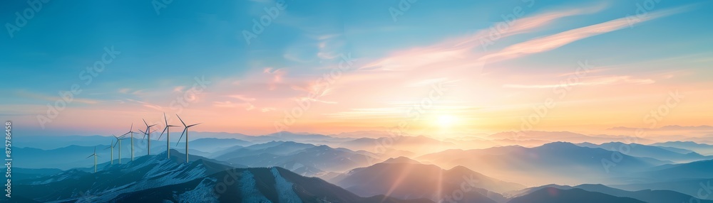 Fototapeta premium Sunrise over a misty mountain landscape with a glowing sky.