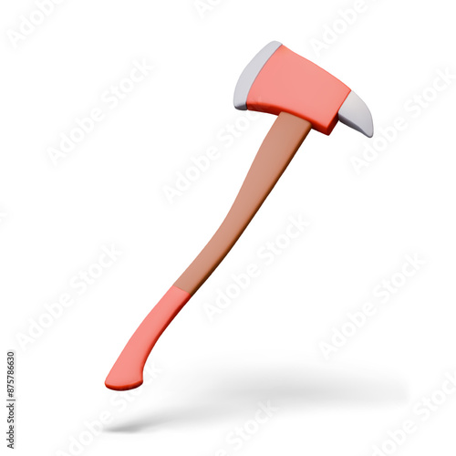 Realistic red fire ax with long handle. Sharp tool, professional equipment of firefighter, rescuer
