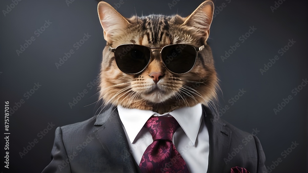 A cat wearing sunglasses and a suit with a tie. A cat wearing sunglasses and a suit with a tie.