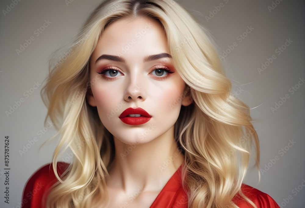 Fototapeta premium Professional beauty shot blonde model with red lipstick | Glamourous high fashion studio portrait intense gaze | Close up of woman with perfect skin and voluminous wavy hair