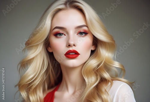 Portrait of the blonde woman with long hair and red lips. Fashion model with bright makeup. 