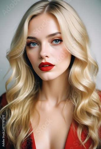 Portrait of the blonde woman with long hair and red lips. Fashion model with bright makeup. 