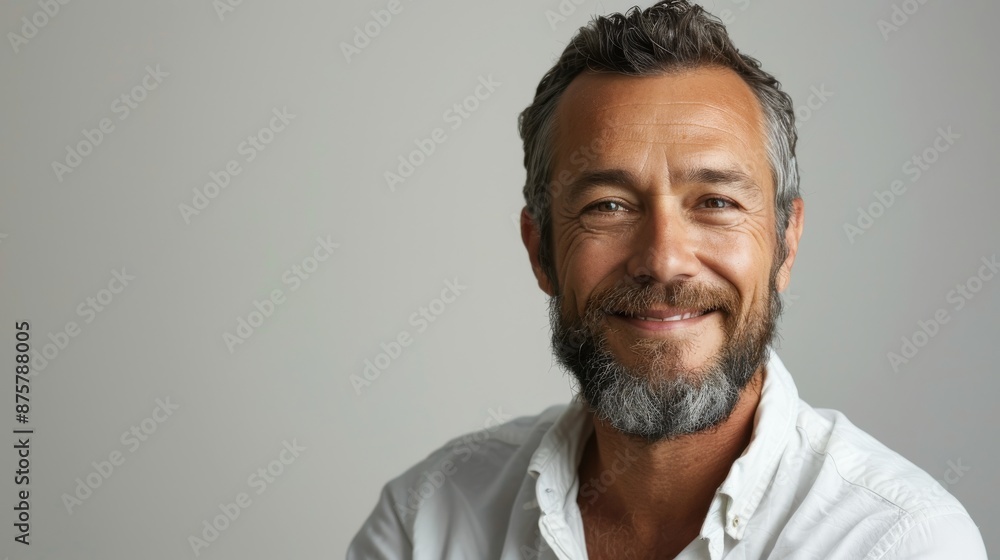 Portrait of a Bearded Man SmilingWarmly in Front of a Grey Background Portrait of a Bearded Man SmilingWarmly in Front of a Grey Background