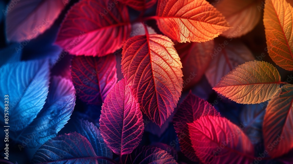 Fototapeta premium Colorful glowing leaves with intricate veins illuminated by vibrant red and blue light