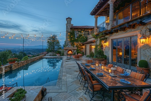 An outdoor patio with a pool, dining table, and fireplace. AI.