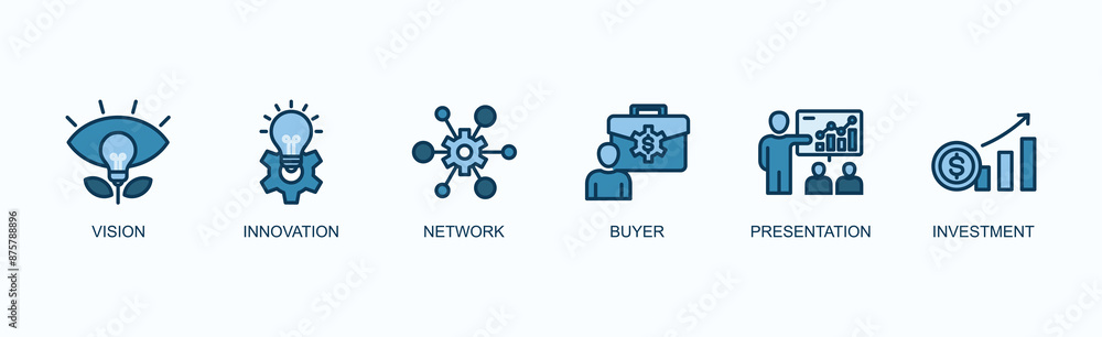 Strategic Business Development Banner Web Icon Vector Illustration Concept With Vision, Innovation, Network, Buyer, Presentation, Investment Strategic Business Development Banner Web Icon Vector Illustration Concept With Vision, Innovation, Network, Buyer, Presentation, Investment