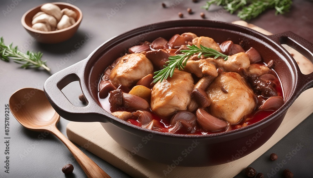 classic French stew where chicken is braised in red wine classic French stew where chicken is braised in red wine