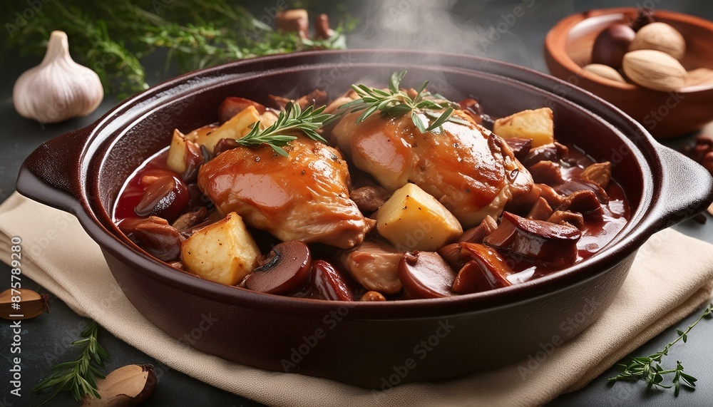 classic French stew where chicken is braised in red wine classic French stew where chicken is braised in red wine