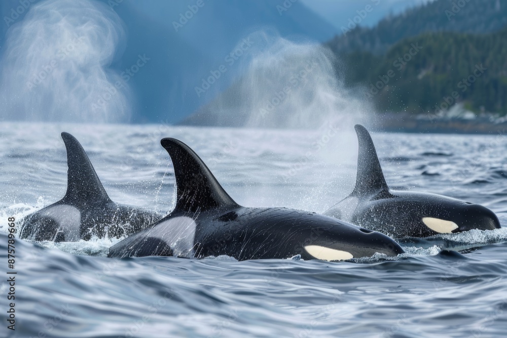 Fototapeta premium A pod of killer whales hunting together in the open ocean