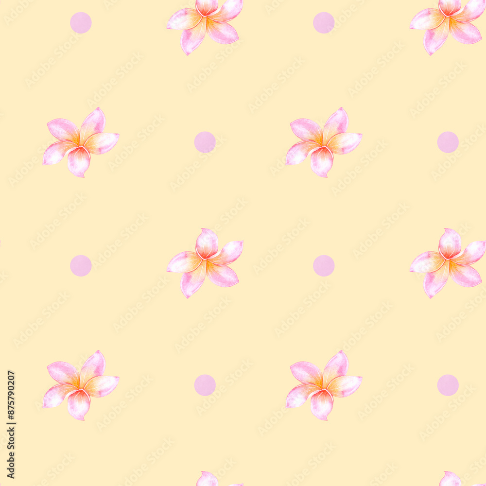 Tropical pink plumeria flowers. Seamless pattern on a yellow background. Hand drawn watercolor illustration. For design, fabrics, textiles, wallpaper, prints, wrapping paper