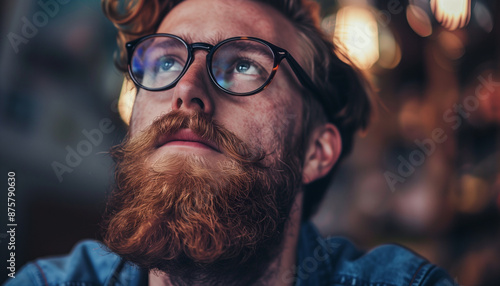 Close-up of a bearded man with glasses looking up, with warm, soft lighting in the background.