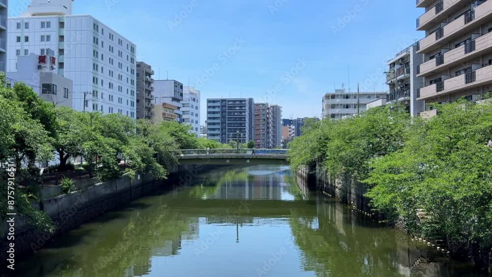 River flowing through a city with green trees and buildings on a sunny day River flowing through a city with green trees and buildings on a sunny day