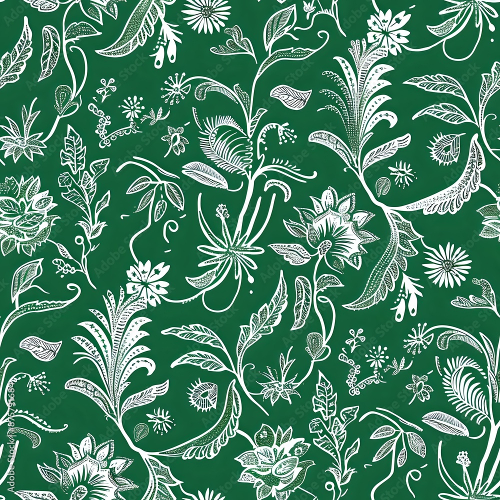 Fototapeta premium Intricate Floral Motif Grid in Blue and Green