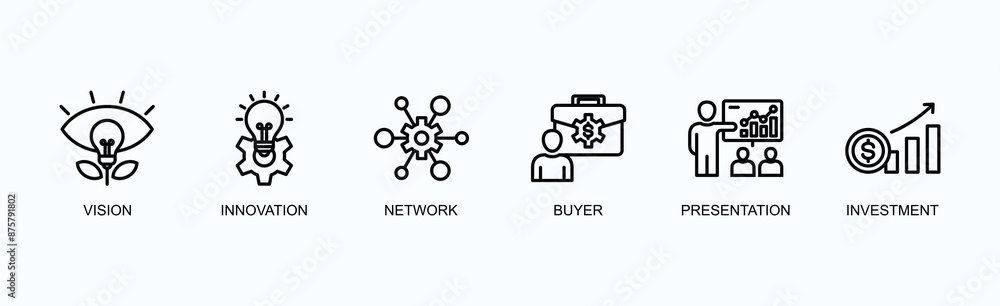 Strategic Business Development Banner Web Icon Vector Illustration Concept With Vision, Innovation, Network, Buyer, Presentation, Investment