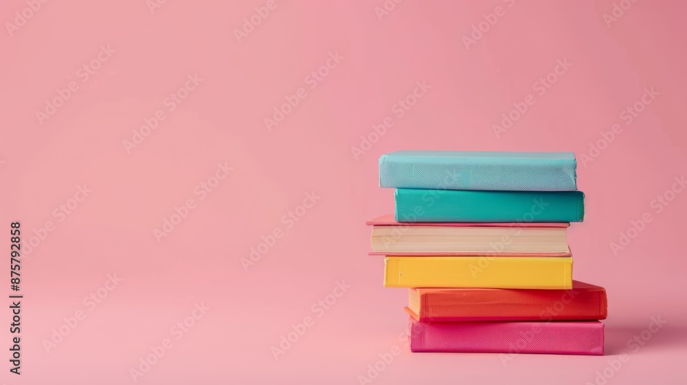 Stack of colorful books on a pink background, copy space, book day Stack of colorful books on a pink background, copy space, book day