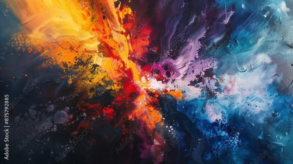An abstract composition bursts with explosive colors and textures, evoking powerful emotions. An abstract composition bursts with explosive colors and textures, evoking powerful emotions.
