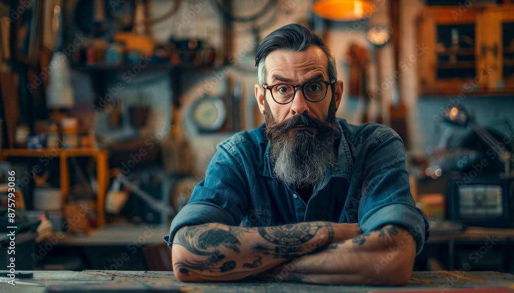 Bearded man with glasses and tattoos, leaning on a workbench in a rustic workshop. Bearded man with glasses and tattoos, leaning on a workbench in a rustic workshop.