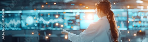 Woman in white shirt interacting with digital display.