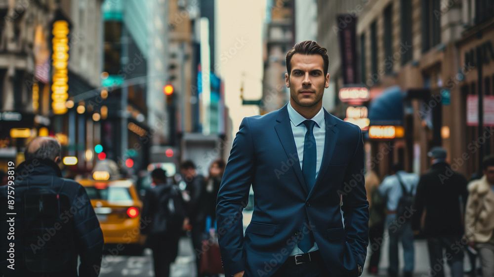 businessman in a navy blue suit walking confidently through a busy city street, businessman in a navy blue suit walking confidently through a busy city street,